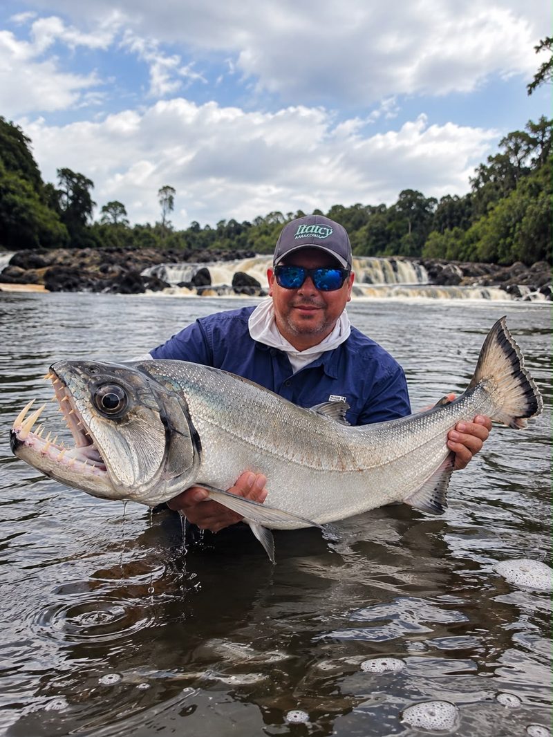 Rodrygo holding a large payara with long fangs, rapids behind him